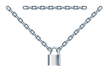 One locked metal padlock with chain in front view isolated illustration, security tool, hinger equipment for protection against burglary