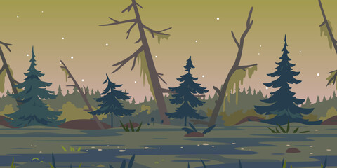 Dark swamp landscape with spruce trees and dead trees, terrible mystical place game background tillable horizontally, swamp with bulrush plants at twilight, disgusting mysterious place at night - obrazy, fototapety, plakaty