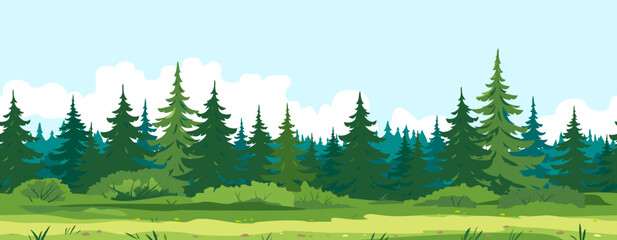 Path along spruce forest with big green trees game background tillable horizontally, tourist route near the dense spruce forest and bushes in summer sunny day nature illustration background