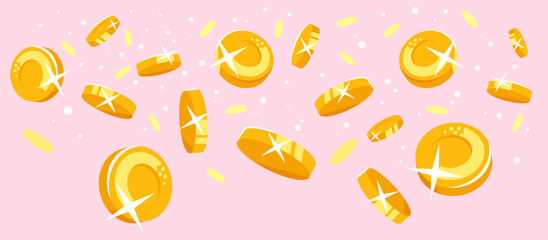 Gold coins falling down concept illustration in flat style isolated, treasure of gold wealth with bright sparkles on pink background, coins scatter in different directions