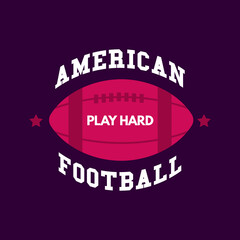 American football logo template with ball. Rugby badge graphics isolated on dark background. Sports label design. Stock vector illustration