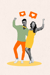 Creative photo 3d collage artwork poster postcard of positive married people celebrate honeymoon isolated on painting background