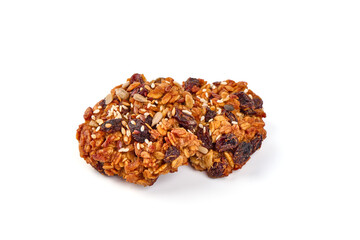 Homemade oat cookies with seeds, isolated on white background.
