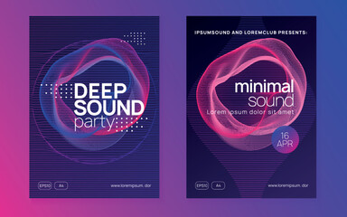 Neon flyer. Dynamic fluid shape and line. Curvy show brochure set. Neon flyer trance event. Techno dj party. Electro dance music. Electronic sound. Club fest poster.