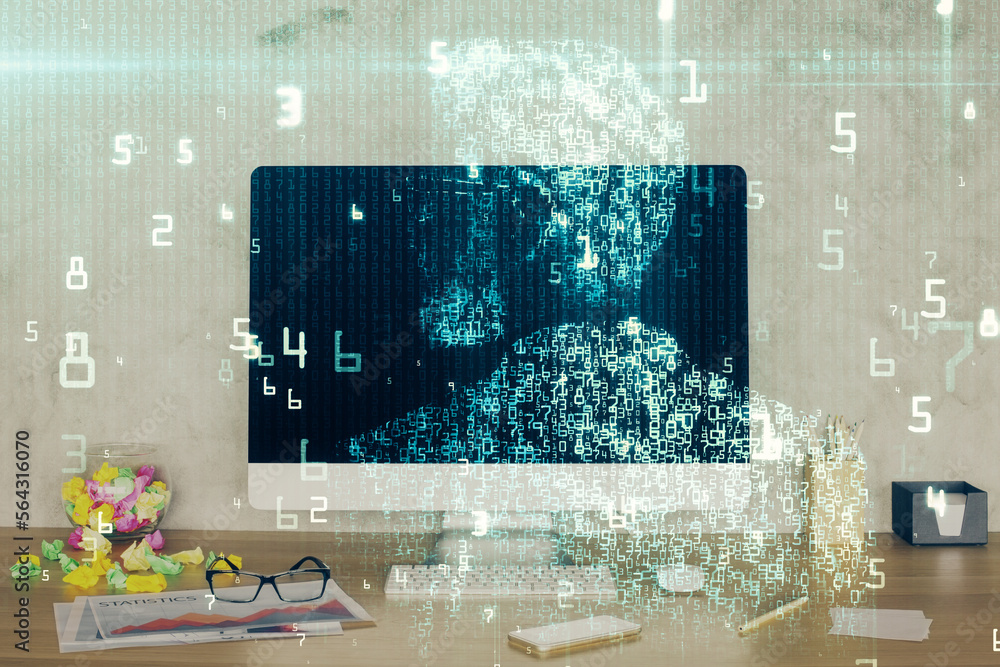 Poster Double exposure of table with computer on background and data theme hologram. Data technology concept.