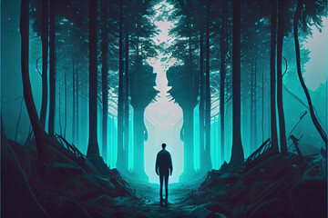 A person with a surreal, dreamlike appearance, standing in a surreal, otherworldly forest. Imaginative self-expression and mystery. Generative AI