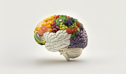 Illustration of a brain with vegetables and fruits on a white background. - obrazy, fototapety, plakaty