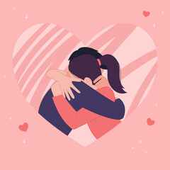 Young couple in love. Boyfriend and girlfriend tenderly embrace. Valentine's day postcard. Romantic date. Vector illustration in flat style.