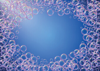 Cleaning foam. Soap bubble. Detergent suds for bath. Shampoo. Stylish spray and splash. Realistic water frame and border. 3d vector illustration poster. Blue colorful liquid cleaning foam.