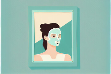 A person doing a face mask and relaxing in front of a mirror. Pampering and self-care through skincare. Generative AI
