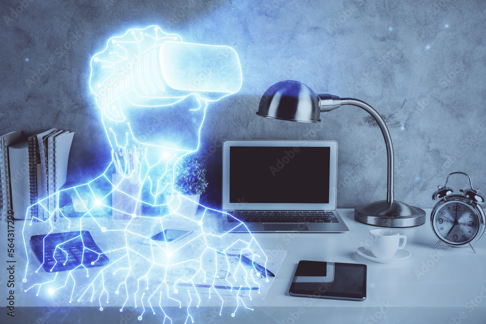 Aufkleber Computer on desktop with AR theme icon. Multi exposure. Concept of augmented reality.
