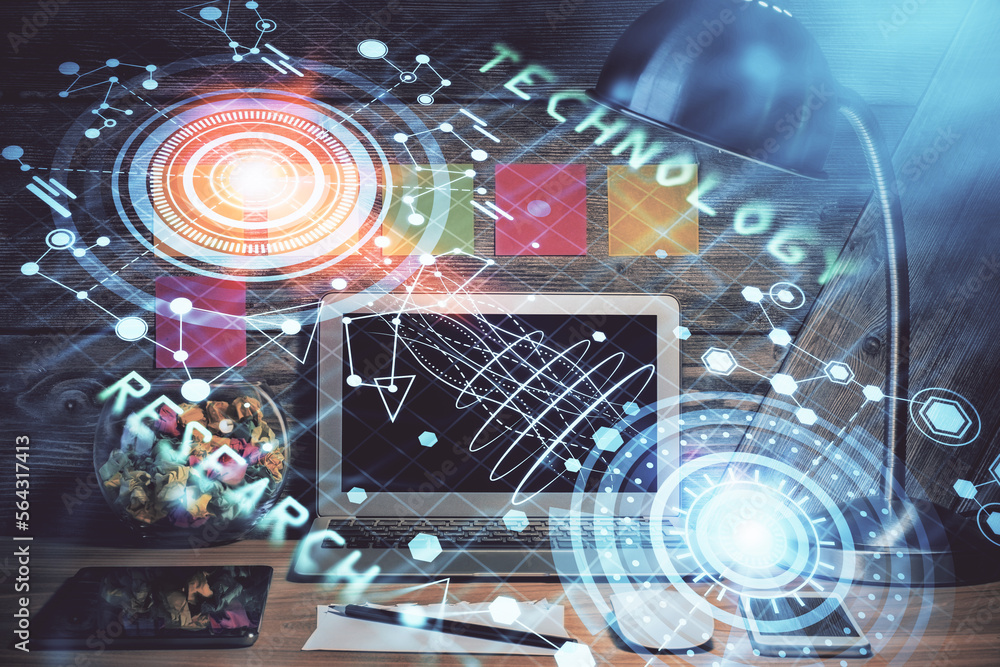 Poster Multi exposure of desktop with computer on background and tech theme drawing. Concept of big data.