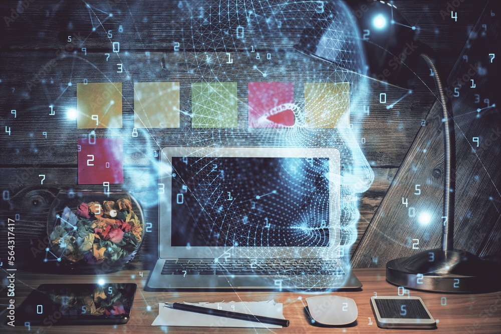 Poster double exposure of desktop computer and human brain drawing hologram. ai concept.