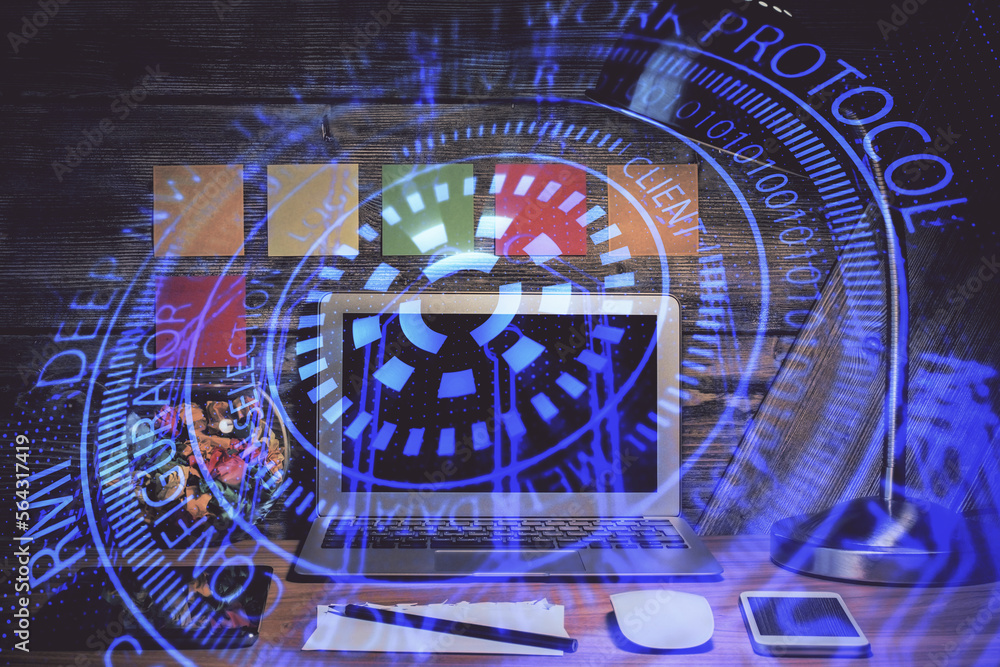Aufkleber Multi exposure of desktop with computer on background and tech theme drawing. Concept of big data.