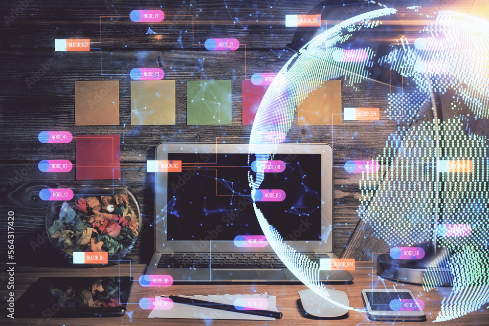 Poster Double exposure of desktop with computer and world map hologram. International data network concept.