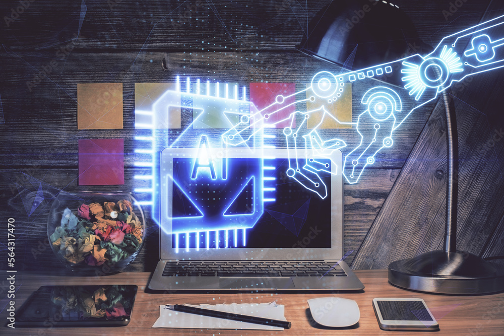 Aufkleber Multi exposure of desktop with computer on background and tech theme drawing. Concept of big data.