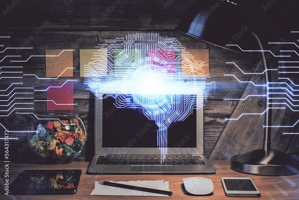 Poster double exposure of desktop computer and human brain drawing hologram. ai concept.