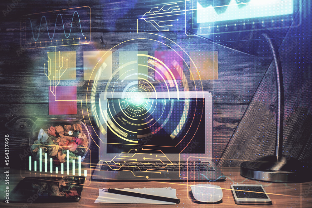 Aufkleber Multi exposure of desktop with computer on background and tech theme drawing. Concept of big data.