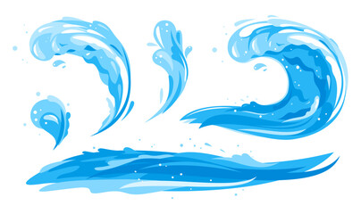 Blue water waves in side view isolated, group of different ocean waves, wonderful big surfing classic wave, set for creating compositions from waves