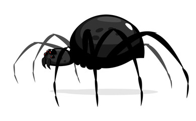 One big black cartoon spider with red evil eyes, scary spider in side view isolated