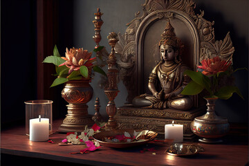 A Hindu home altar with statues of deities, flowers, and offerings. Religious observance and tradition. Generative AI