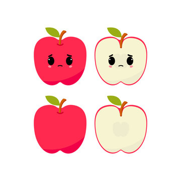 Upset apple with kawaii emoji. Flat design vector illustration of red apple in white background