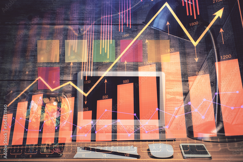 Poster Multi exposure of forex graph and work space with computer. Concept of international online trading.