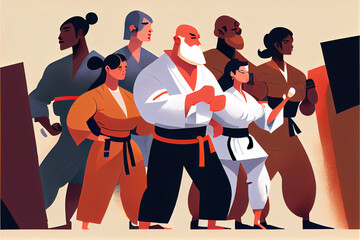 A diverse group of people of all ages, body types, and abilities participating in a martial arts class. Inclusivity and empowerment in self-defense. Generative AI
