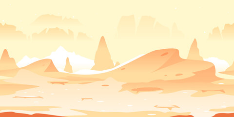 Small Martian craters with danger sharp rocks game background tillable horizontally, orange sand hills with rocks on a deserted planet with hight mountains in view from afar © Oceloti