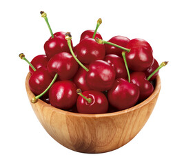 tigela de madeira com deliciosas cerejas maduras - Pote com cerejas vermelhas