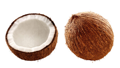coco cortado e coco inteiro isolados - dois cocos  - obrazy, fototapety, plakaty