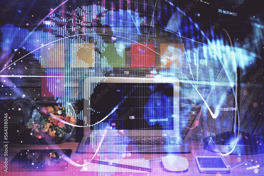 Poster double exposure of business theme icons and work space with computer background. concept of success.