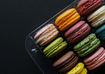 delicious macaroons, multi-colored, of various flavors, in a transparent package, lie on a black or white background. homemade homemade macaroons