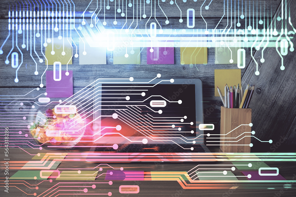 Poster Multi exposure of desktop with computer on background and tech theme drawing. Concept of big data.