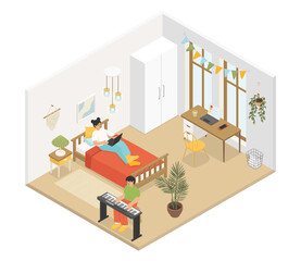 Fototapeta na wymiar Brother and sister room - modern vector colorful isometric illustration