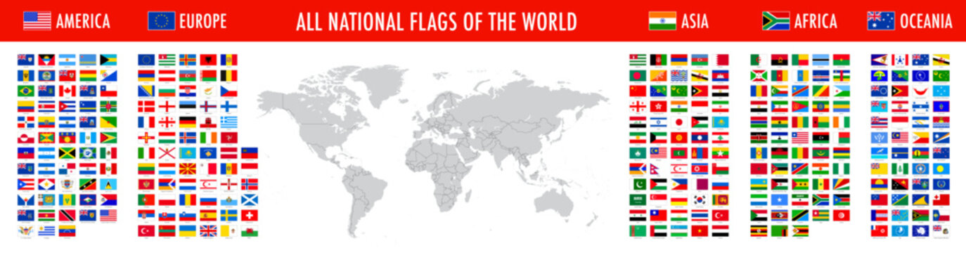 All World National Flags with a Full Vector World Map. Full Vector set of rectangular icons. Full Set of Rectangular Flags Divided by Continents