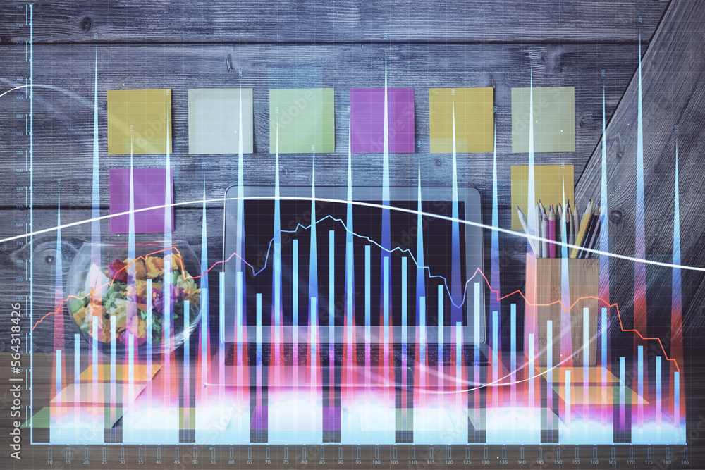 Poster Multi exposure of forex graph and work space with computer. Concept of international online trading.