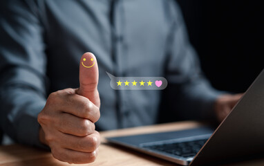Businessman with thumb up Positive emotion happy five star and heart icon, Customer satisfaction...