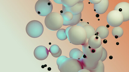 Liquid fluid dynamic abstract animated white metaball floating spheres blobs drops bubbles in transition deformation beige background with black little pearls 3d render for presentation business adds