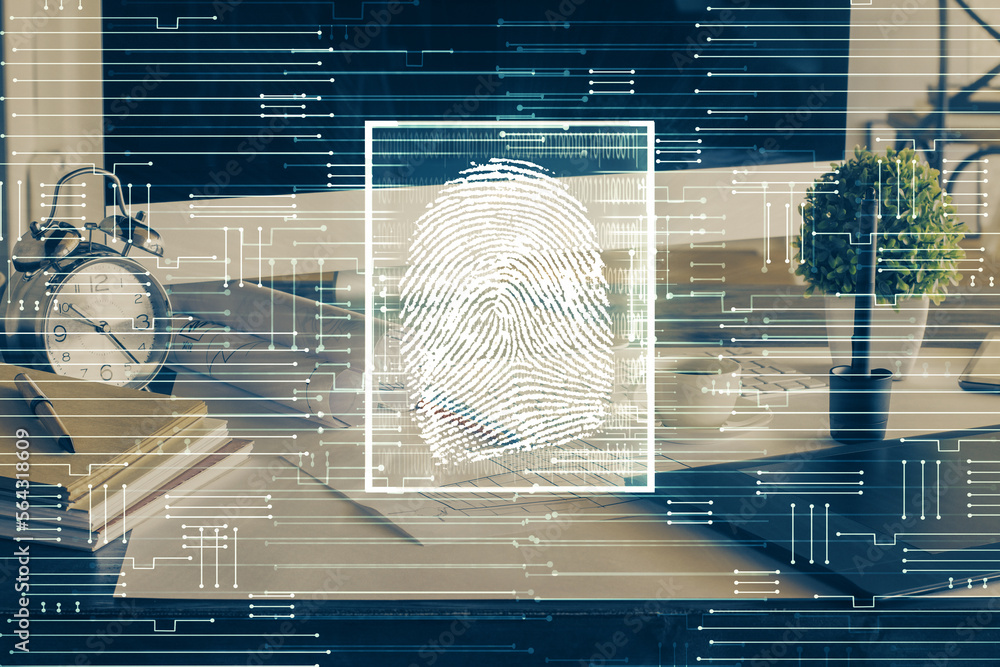Poster Computer on desktop in office with finger print drawing. Double exposure. Concept of business data security.