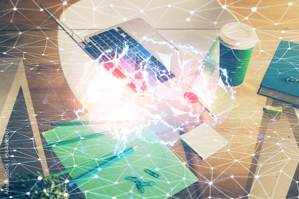 Poster double exposure of desktop computer and human brain drawing hologram. ai concept.
