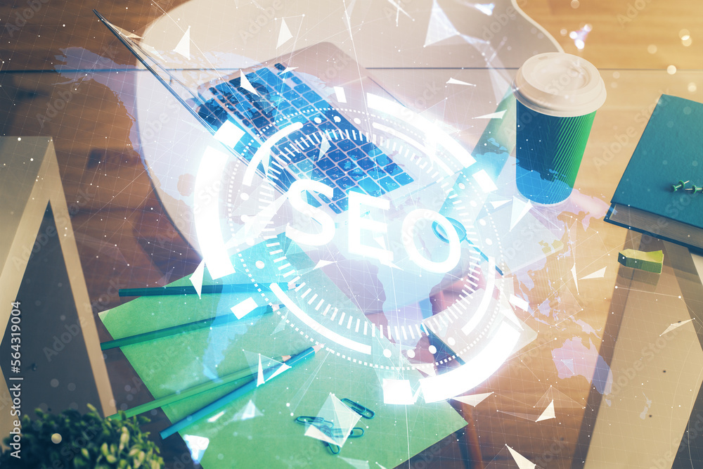 Aufkleber Double exposure of table with computer and seo drawing hologram. Search optimization concept.