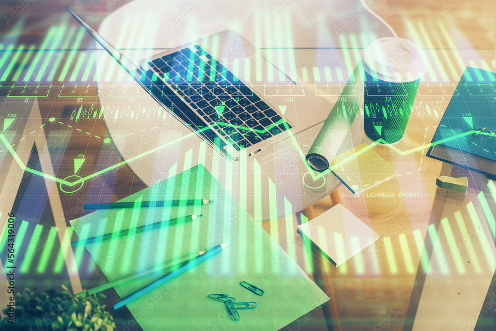 Aufkleber Double exposure of desktop with personal computer on background and tech theme drawing. Concept of data analysis.