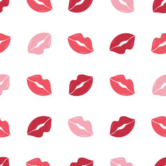 Seamless pattern with women's lip prints for Valentine's Day. Lipstick print for Kisses Day. Vector image in a flat design.