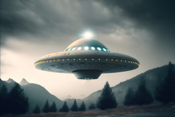 Alien Visitors Concept: Extra terrestrial beings visiting Earth with their spacecraft, generative ai
