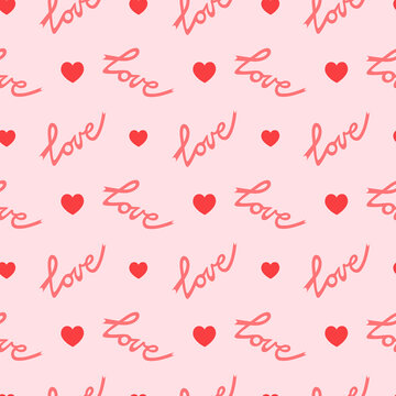 Seamless pattern with hearts and text Love on pink background. Valentine's Day pattern. Vector image in flat style.