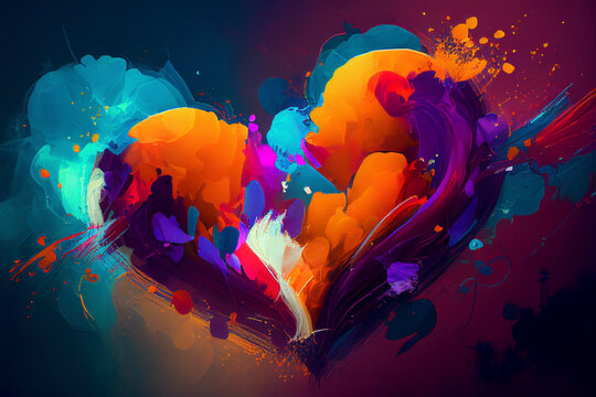 A abstract 2D painting depicting an explosion of hearts in a riot of colors - Generative Ai