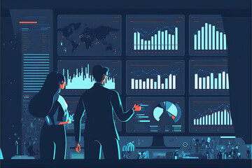 dark slate blue Flat vector illustration business people analytics financial graph report on monitor dashboard concept



