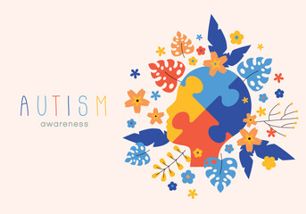 World autism awareness day. Colorful puzzles with flowers and leaves vector background. Symbol of autism. Medical flat illustration. Health care