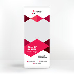 Roll-up design, geometric red background for photos and text, creative design for presentations and conferences, seminars